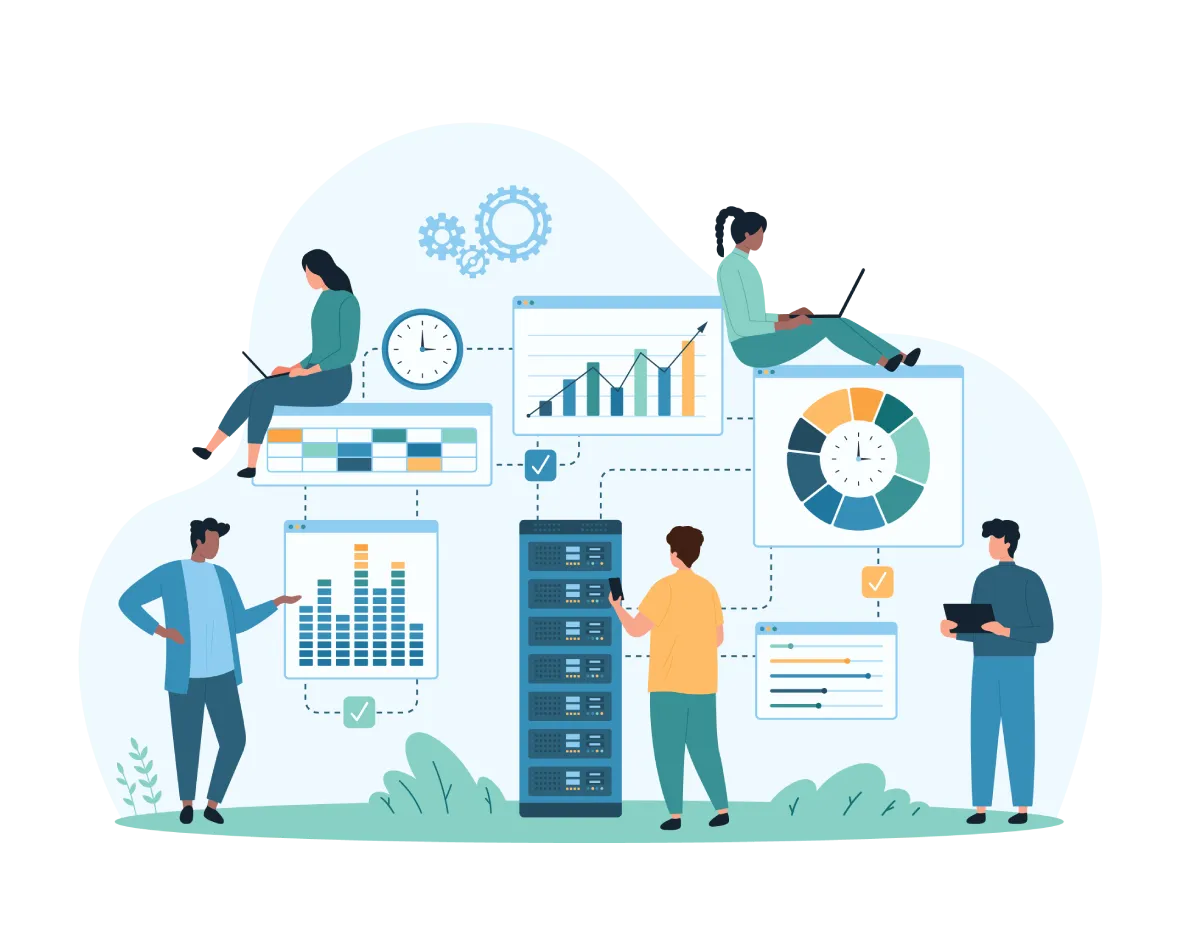 Gestion des données et serveurs | Itwayh By Capwest Illustration de personnes travaillant avec des données et des serveurs.